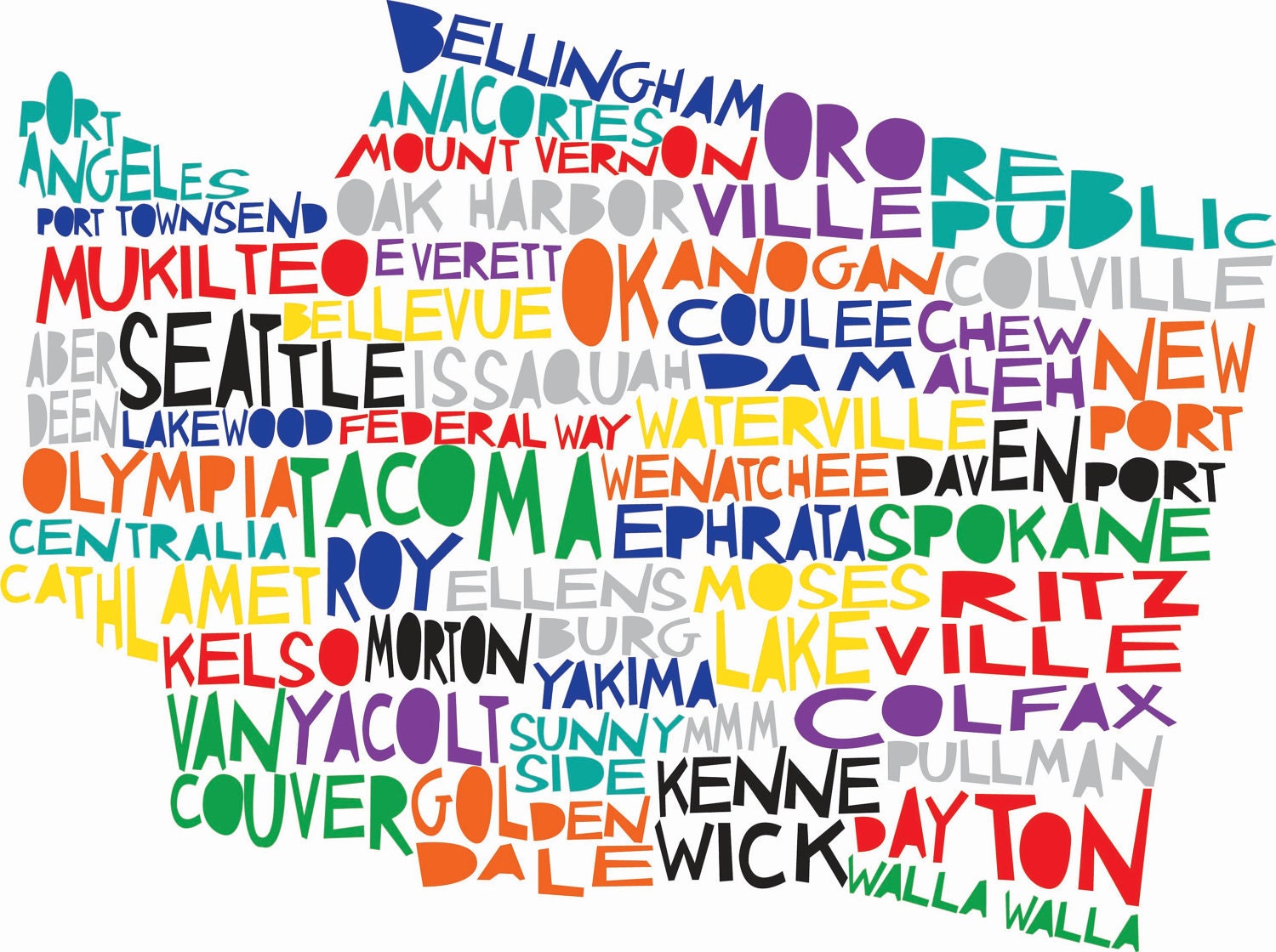 WASHINGTON State Digital Illustration Print with Spokane Seattle Walla Walla Vancouver