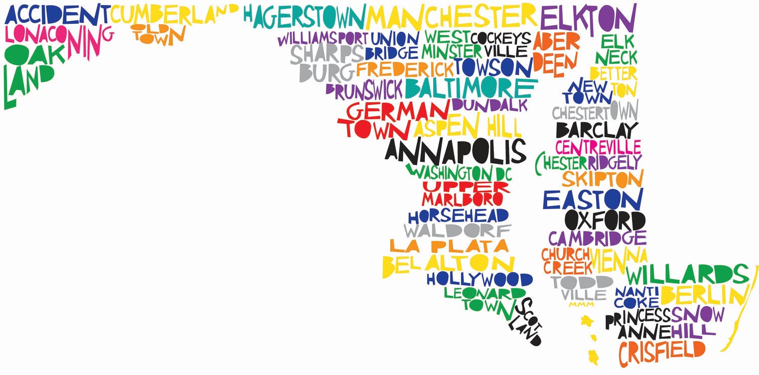 Large MARYLAND 17x9 - Digital Illustration Print of Maryland State with Cities Listed
