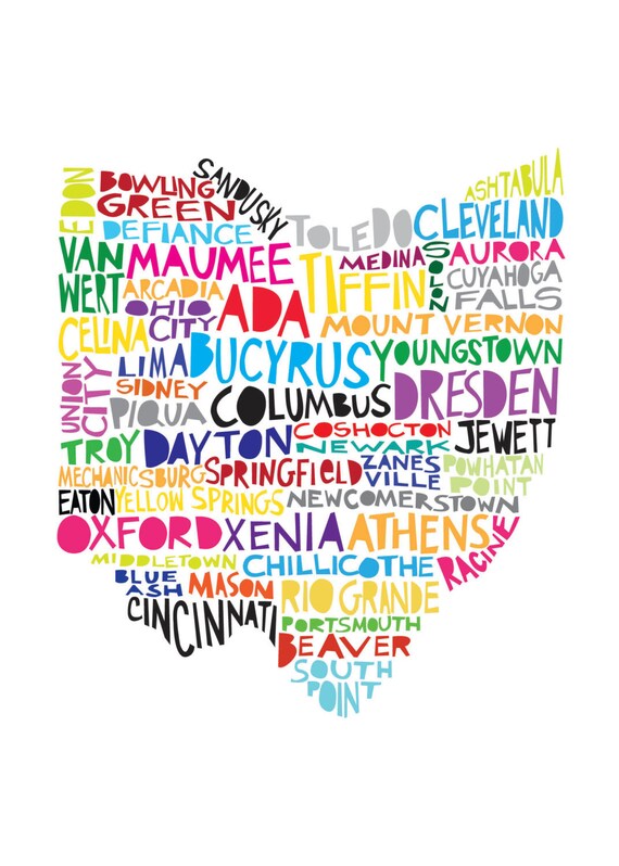 OHIO State of Ohio Digital Illustration Print with Cities Listed