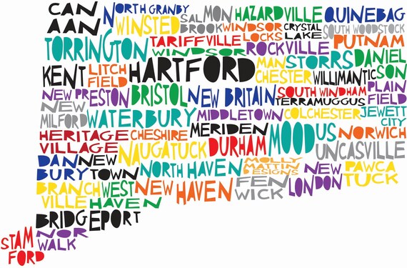 CONNECTICUT State Digital Illustration Print with Hartford New Haven