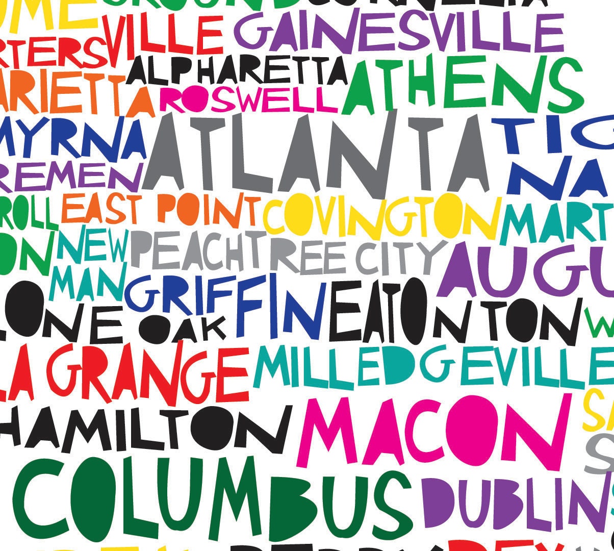 GEORGIA Digital Illustration Print of Georgia State with Cities Listed