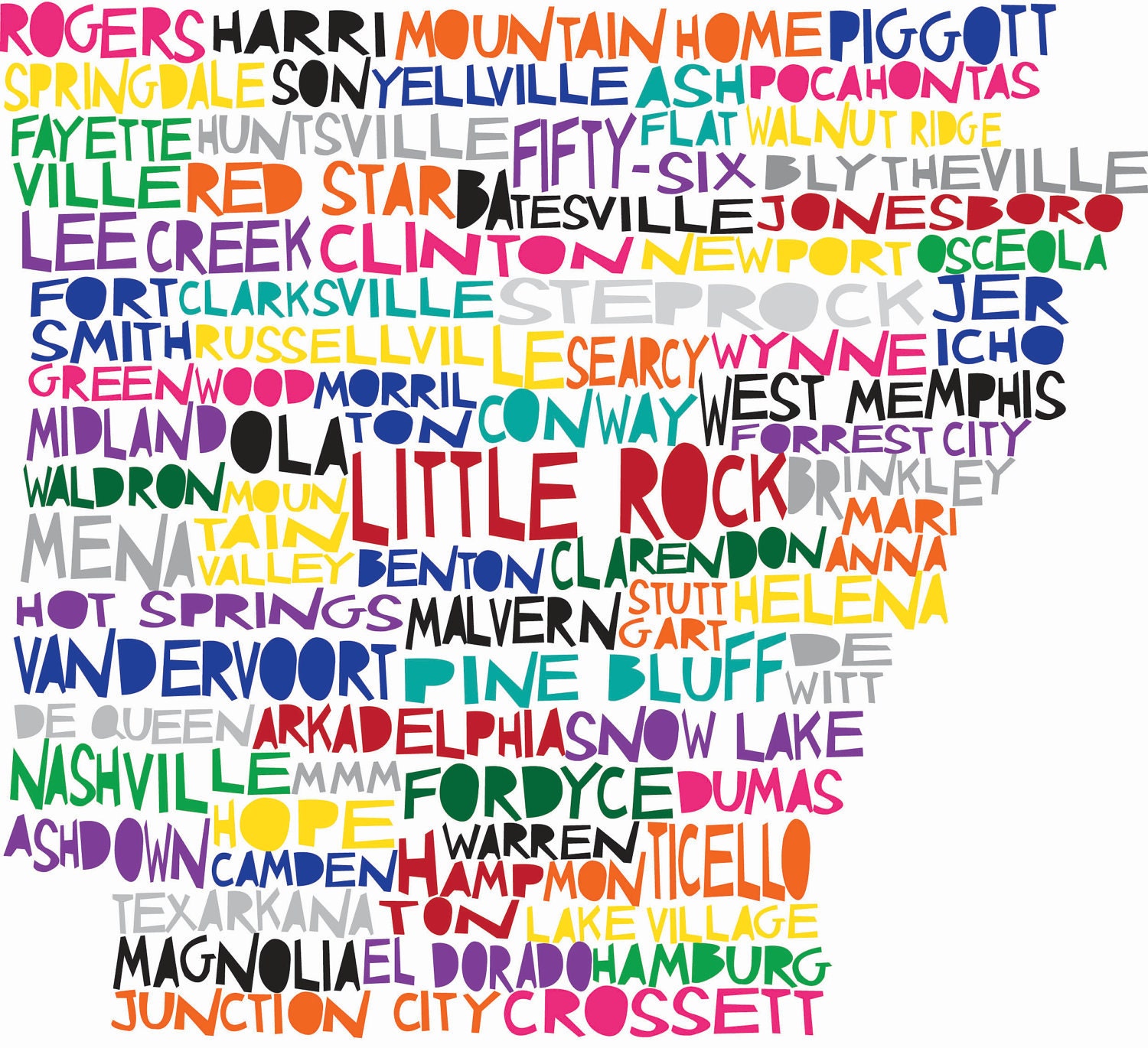 21x18 ARKANSAS Digital Illustration Print of Arkansas State with Cities Listed