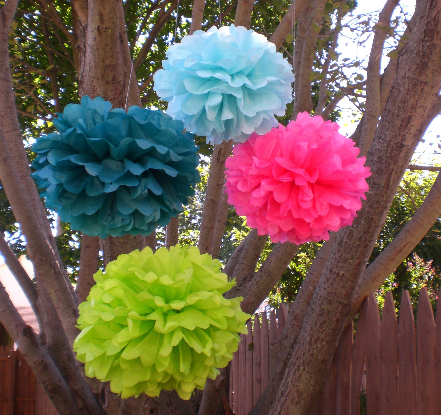 Party Decorations..4 Tissue Paper Pom Poms Plus 3 Paper Flowers...ANY COLORS