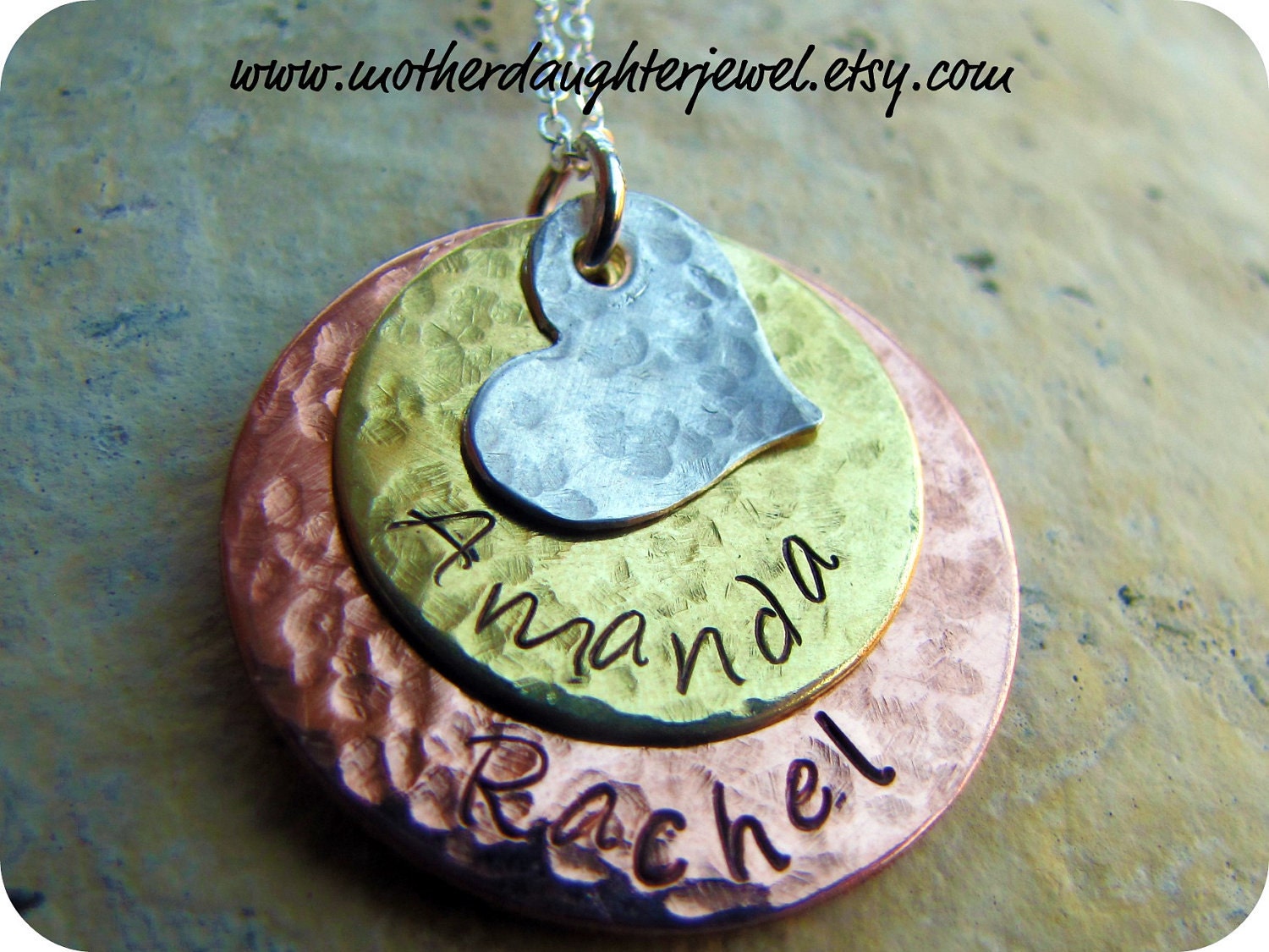 Hand Stamped Stacked Mixed Metal Necklace w/Sterling Silver Hammered Heart for Moms, Grandmas, Friends