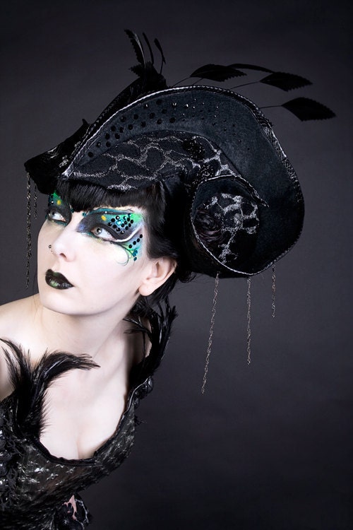 Feather, crystal, embroidered ram horn headpiece