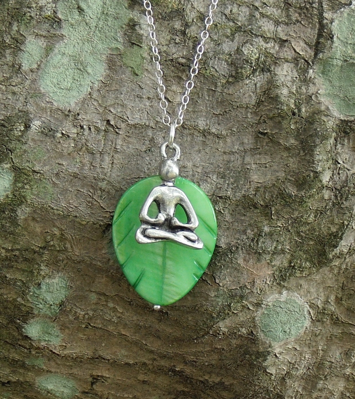 Yoga Necklace, Meditation Necklace, Mother of Pearl Leaf, Pewter Figure, Sterling Silver Necklace 18"