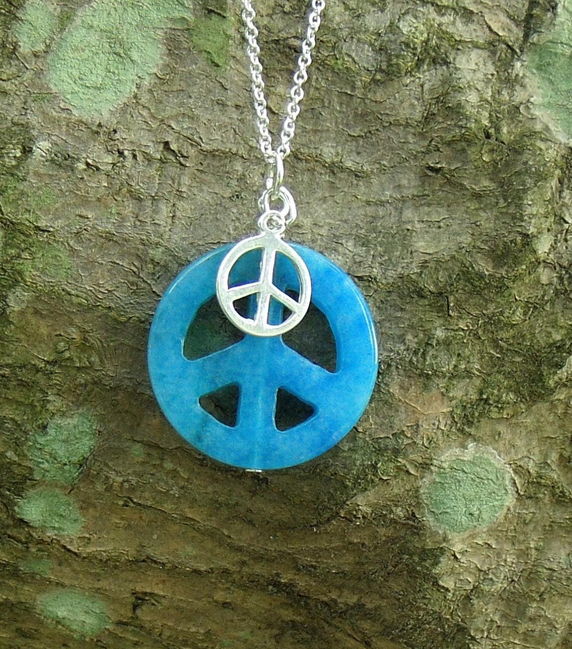Peace Symbol Necklace, Blue Jade and Sterling Silver, 18" Necklace