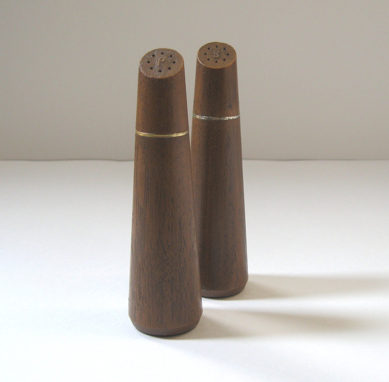 Mid Century Modern Salt and Pepper Shakers, Danish Modern Housewares, Faux Bois Finish