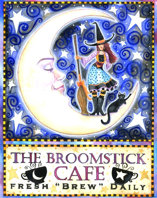The Broomstick Cafe - 5.55 x 7 inch print - by Brenna White - witch black cat  moon stars fall autumn halloween