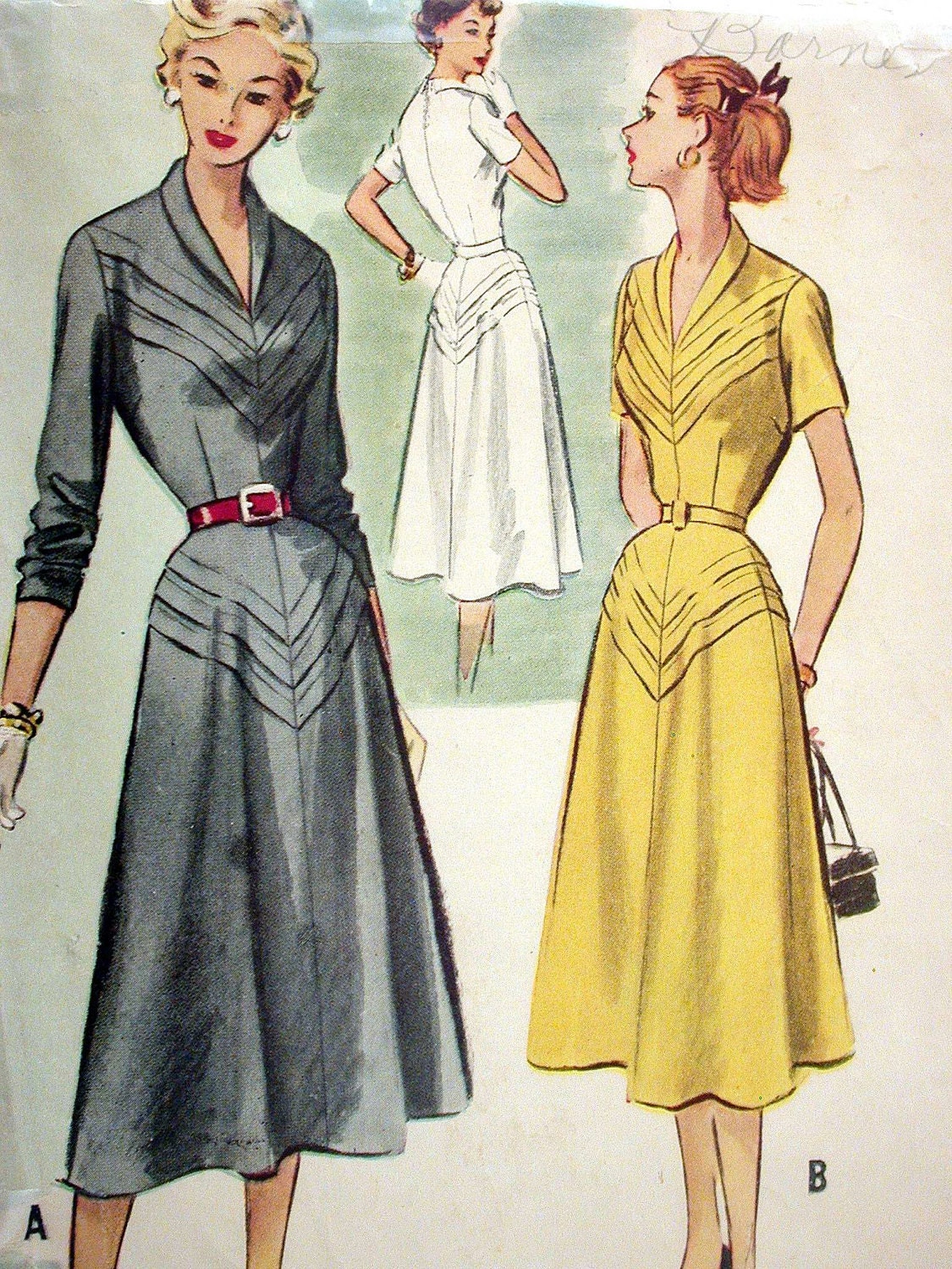 McCalls Dress Pattern No 9212 VIntage 1950s Size 20 Bust 38" Fitted Bodice Short or Long Sleeves Side & Neck Zipper Tuck Details