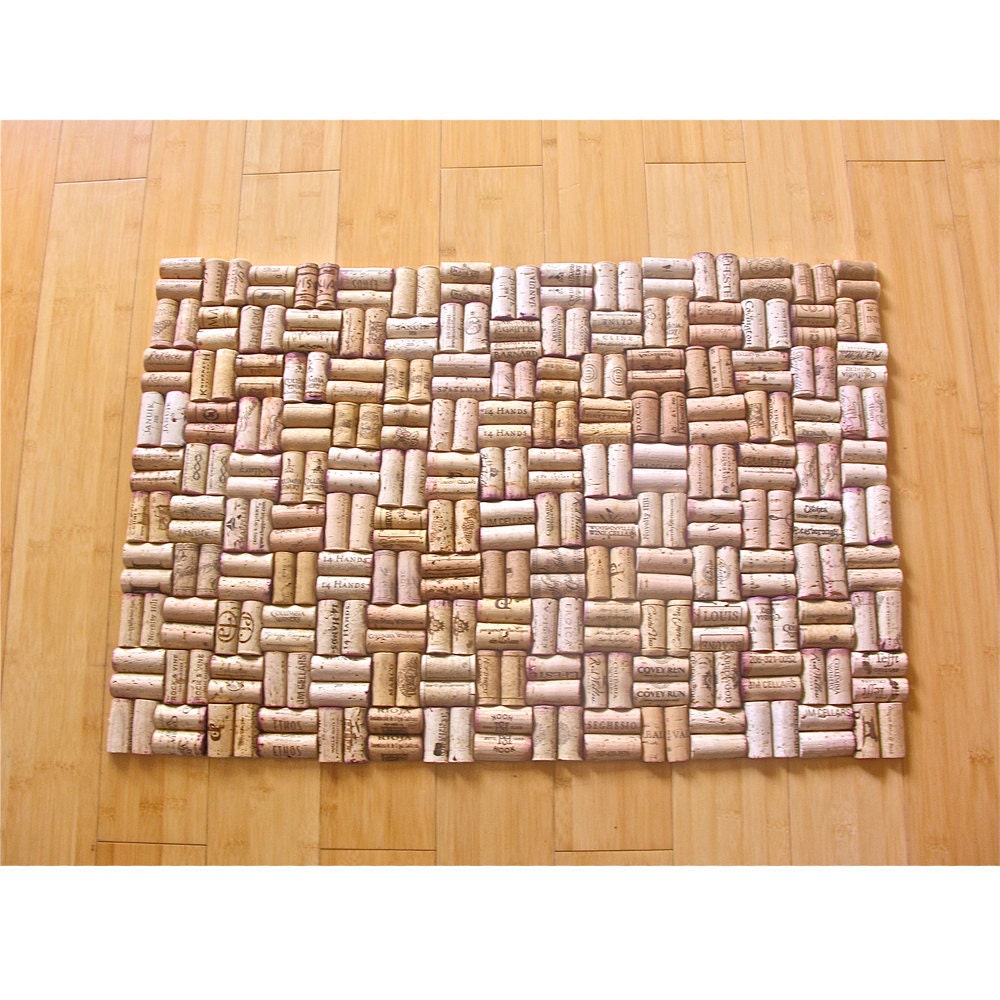 Upcycled wine cork bath mat with weave pattern