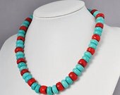 Turquoise and Coral Necklace,Statement Necklace-18.9-20.9 Inches Bluish Green Turquoise and Red Coral Necklace(FN0430)