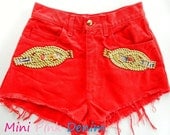 Vintage Cherry Red Gold High Waisted Denim Shorts SMALL