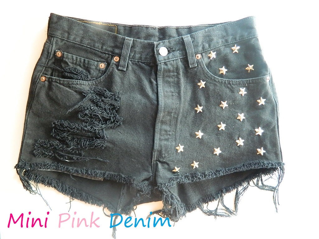 High Waist Vintage Black Denim Studded Shorts LARGE