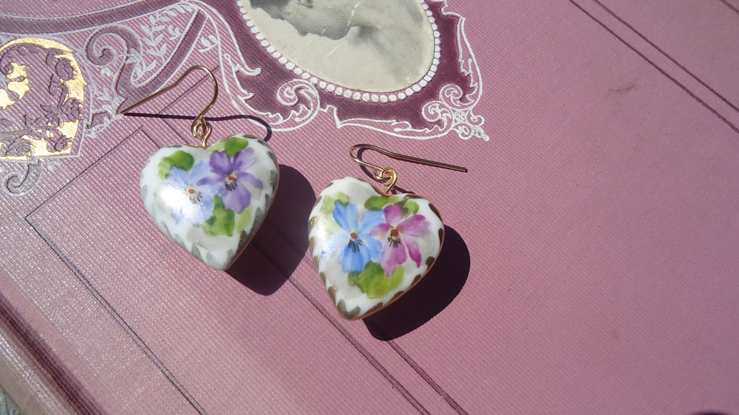 Antique Button Earrings, Porcelain, hand decorated