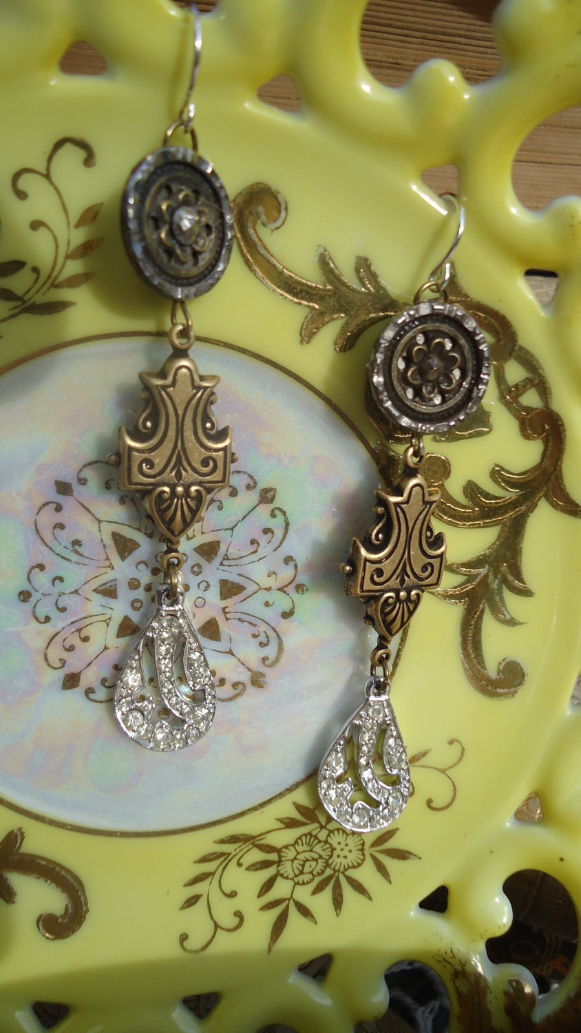 Antique Button Earring and Rhinestone assemblage