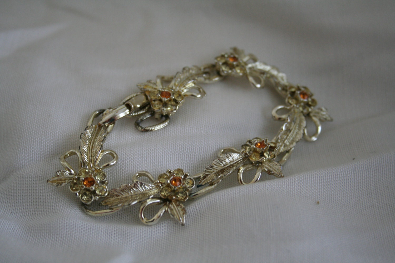 Vintage Gold Tone and Orange Rhinestone Bracelet