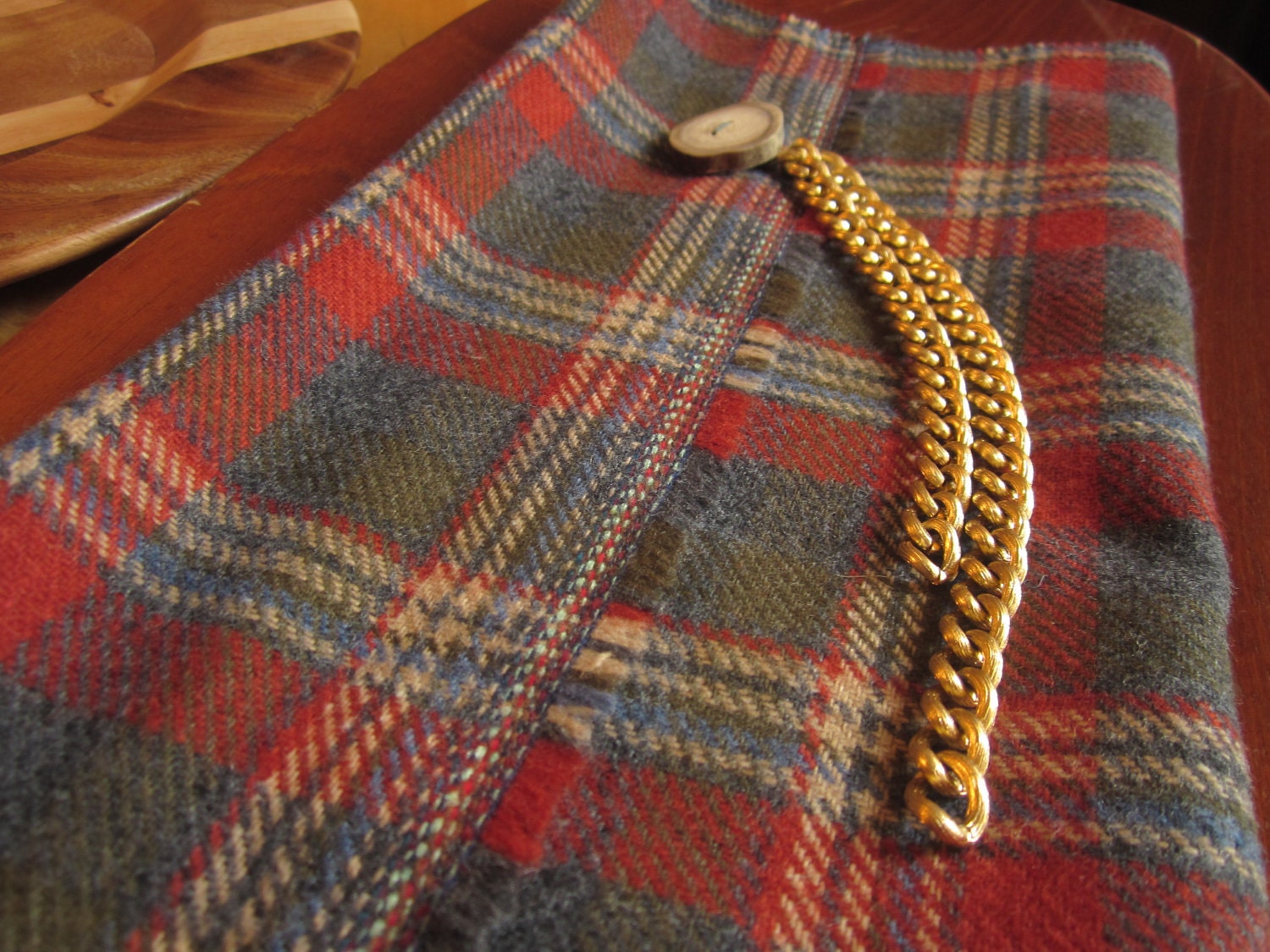 Infinity Scarf - Woodsman Couture - Wool and Acrylic Plaid Coating, Authentic Antler Button and Chunky Gold Plated Chain