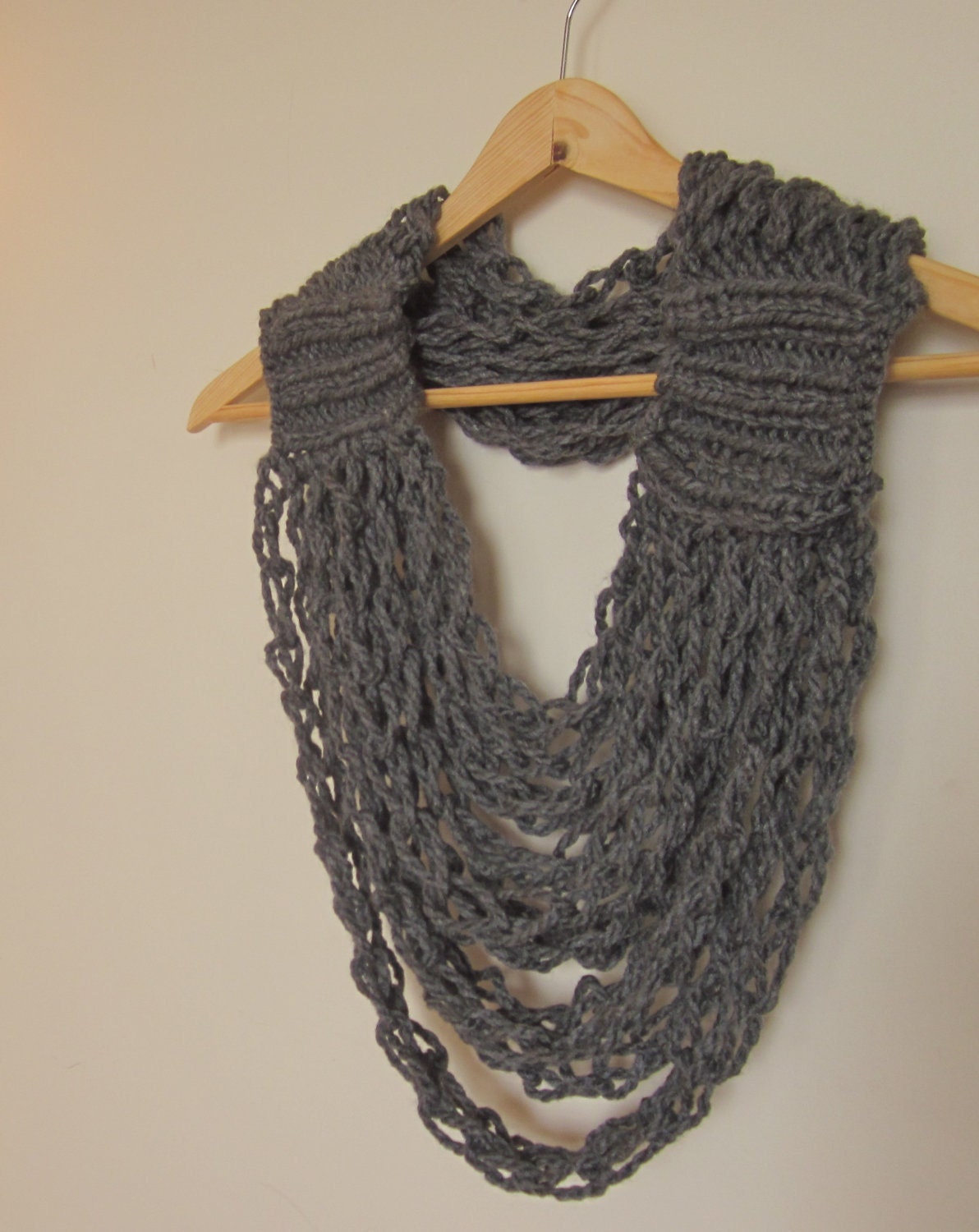 Infinity Scarf plus Necklace equals Cozy Circle Scarflace Cowl, Charcoal Knitted and Crocheted Infinity Scarf
