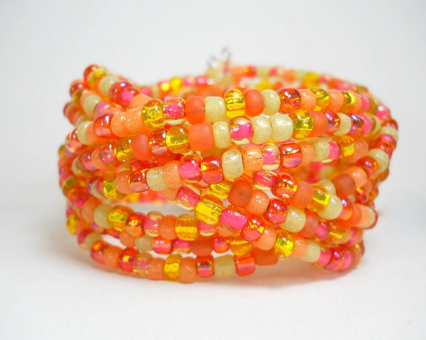 Braided Bracelet Sunshine Yellow and Neon Orange Beaded Cuff Bracelet