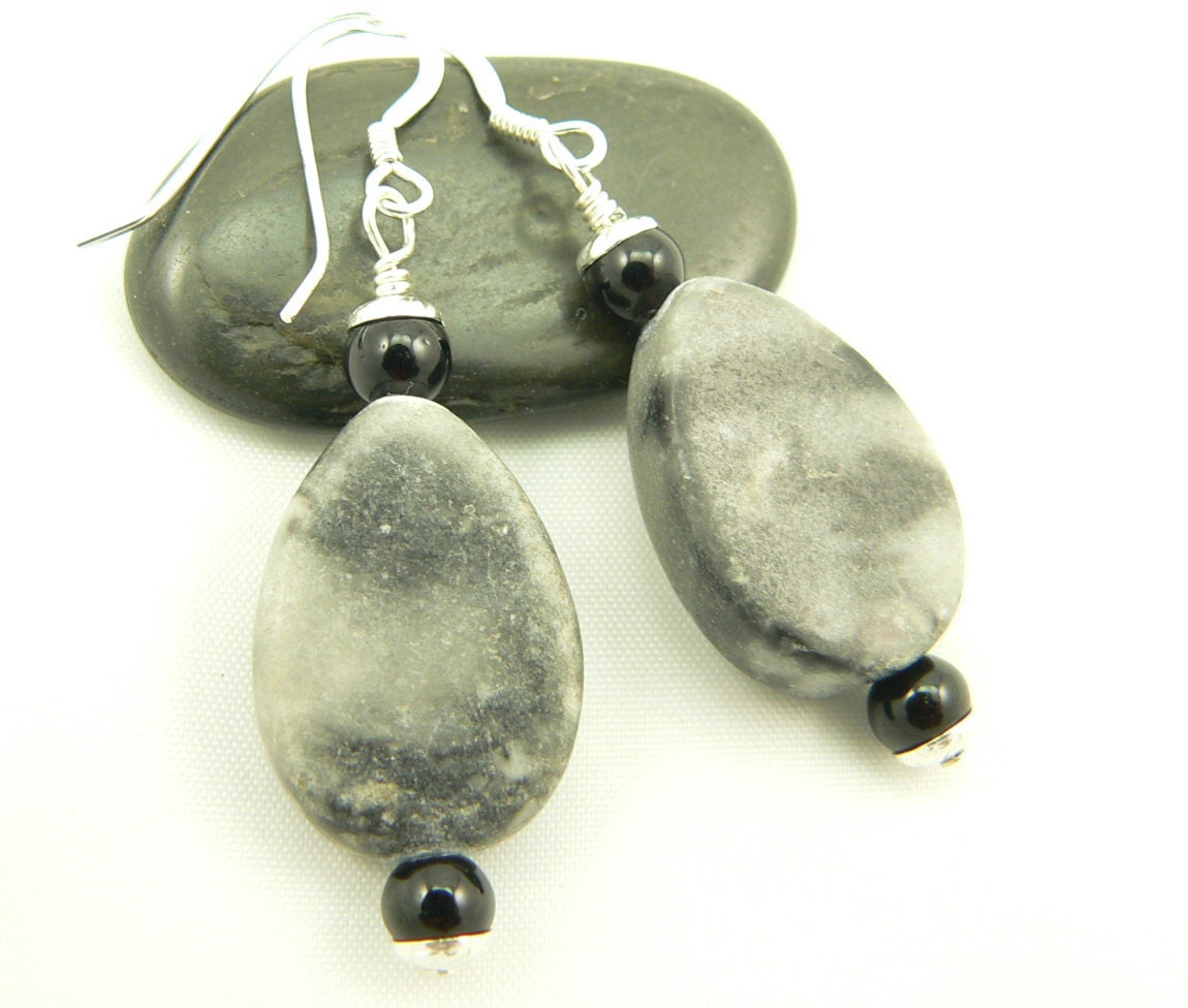 Marble Earrings - Grey Marble Earrings - Dangle Earrings - Sterling Silver - Black Onyx - Artisan Jewelry