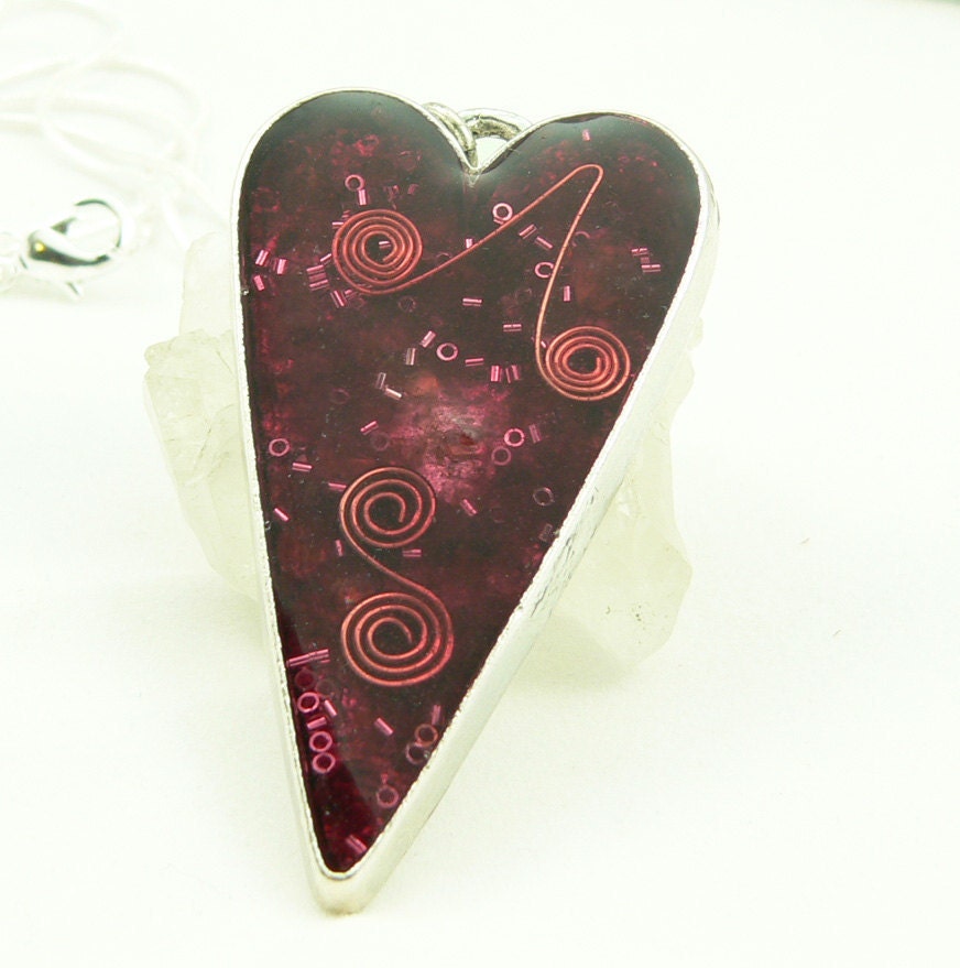 Orgone Energy Pendant - Large Antiqued Silver Heart - Red with Garnet Gemstone - Orgonite - Artisan Jewelry - LKSoriginals
