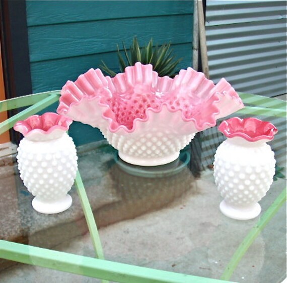 Lovely 3 piece Fenton Hobnail Milk Glass Set