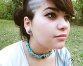 Teal Upcycled T shirt choker with wood beads and wire wrap clasp