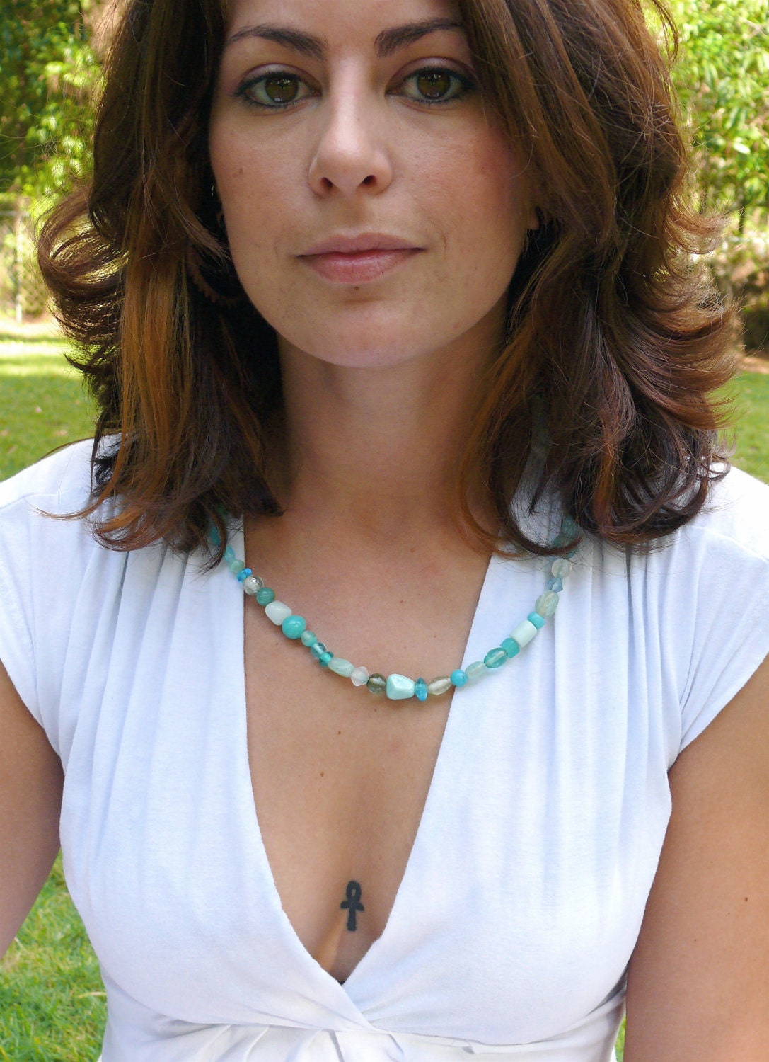 Mermaid Sea glass tone beaded silver wire necklace