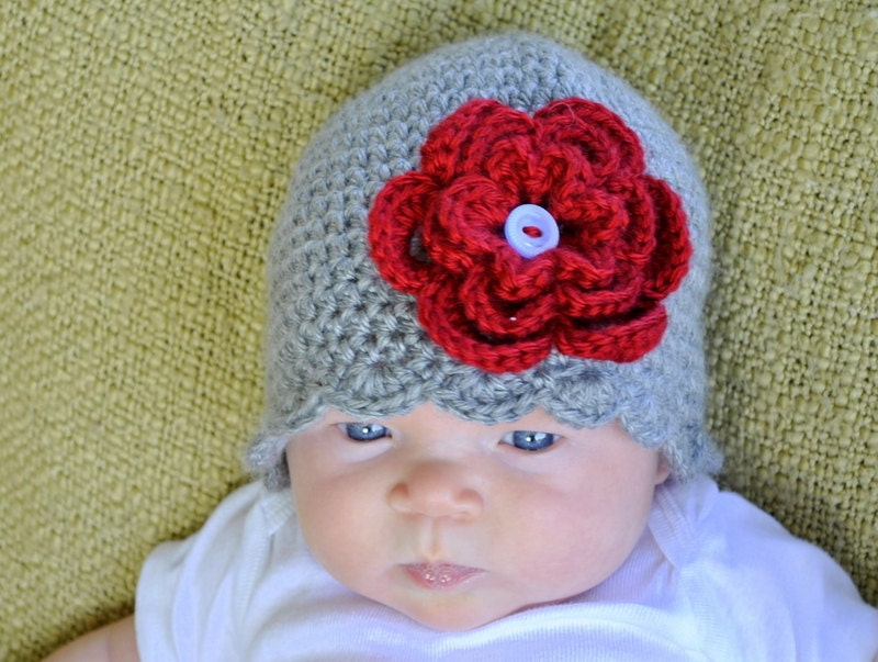 Ohio State Buckeyes OSU Scarlet & Gray Crocheted Flower Hat with Button (Newborn - 4T) or any color desired. Great for photo prop