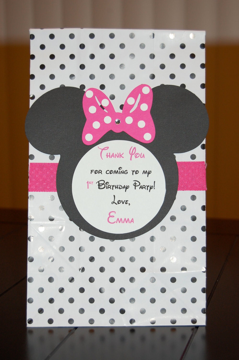 Personalized Minnie Mouse Favor Bags- Pink, White, and Polka Dot for Girl's Birthday Party