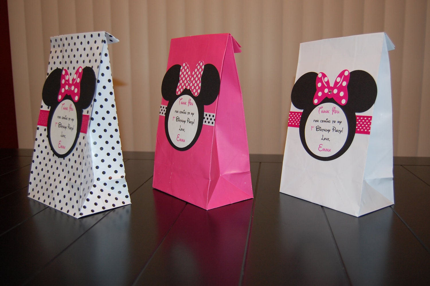 Personalized Minnie Mouse Favor Bags- Pink, White, and Polka Dot for Girl's Birthday Party