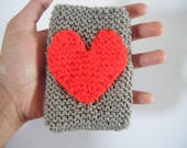 Valentines accessories, Phone case for Phone, iPod Touch Cozy Case Sleeve hand knit in Brown with Red love heart, choose your colour