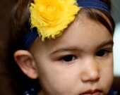 Nautical Yellow Chiffon Rosette Headband with Navy fold-over elastic