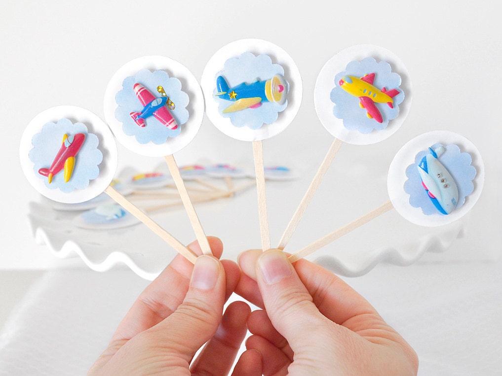 Airplane Cupcake Toppers Colorful Birthday Party Decor for Boys or Girls, Spring Baby Showers or Parties Set of 12