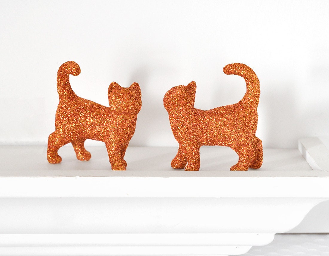 Orange Cat Glitter Kitties in Tangerine Tango for Autumn Weddings, Table Settings, Nursery Decor or Birthday Party Centerpiece