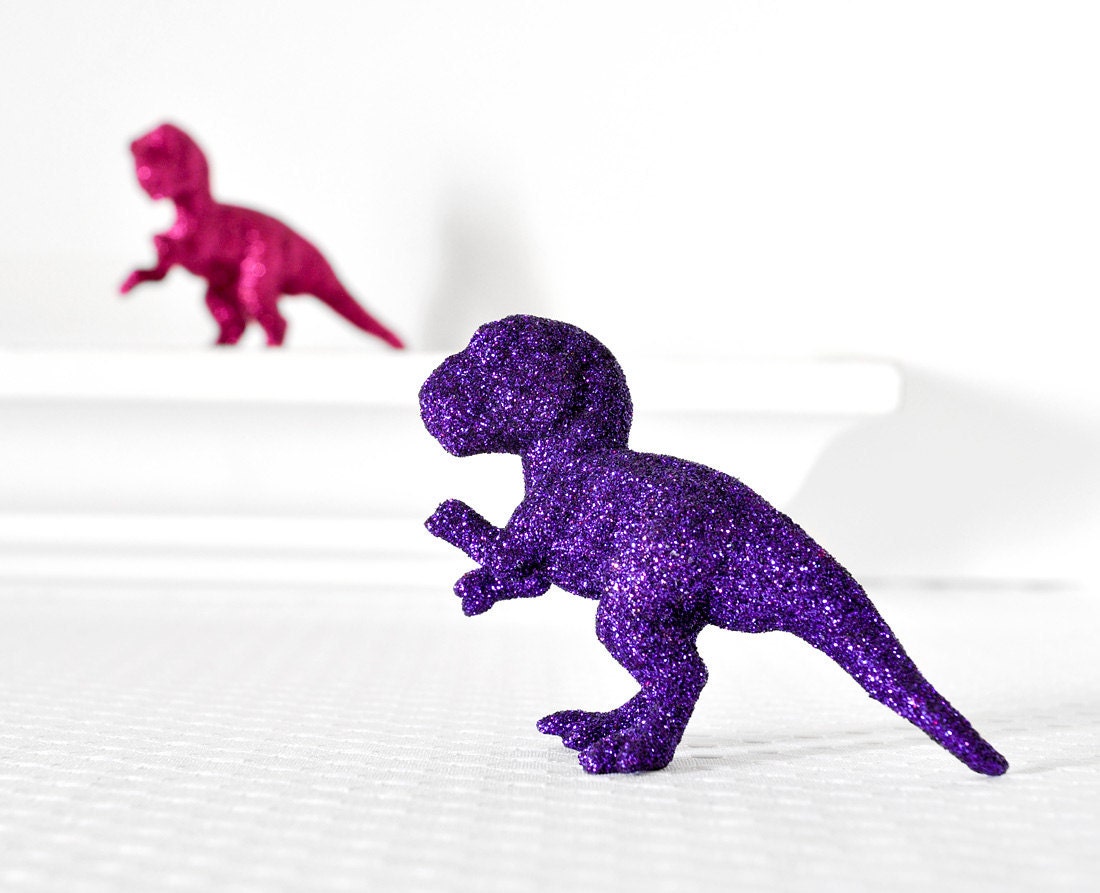 Baby T-Rex Dinosaurs in Fuchsia Hot Pink, Grape Purple Glitter Baby Shower Table Settings, Girly Girl Nursery Decor or Fun Home Decorations