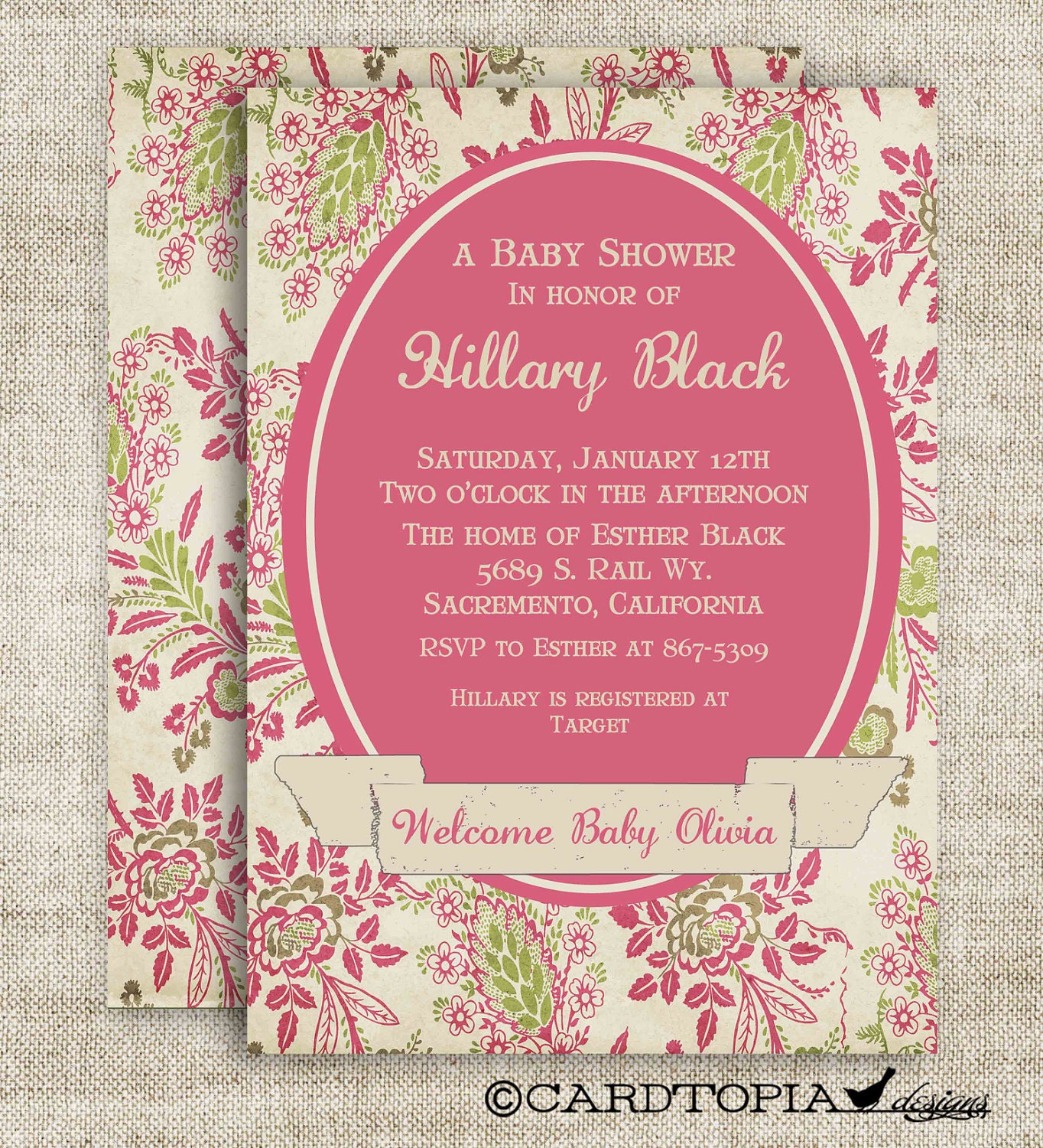 Victorian GIRL BABY SHOWER Invitations Vintage Floral Banner Digital diy Printable Personalized Pink and Green - 81443334