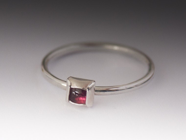 Pink Tourmaline Ring - Stackable Sterling Silver Pink Square Tourmaline Ring