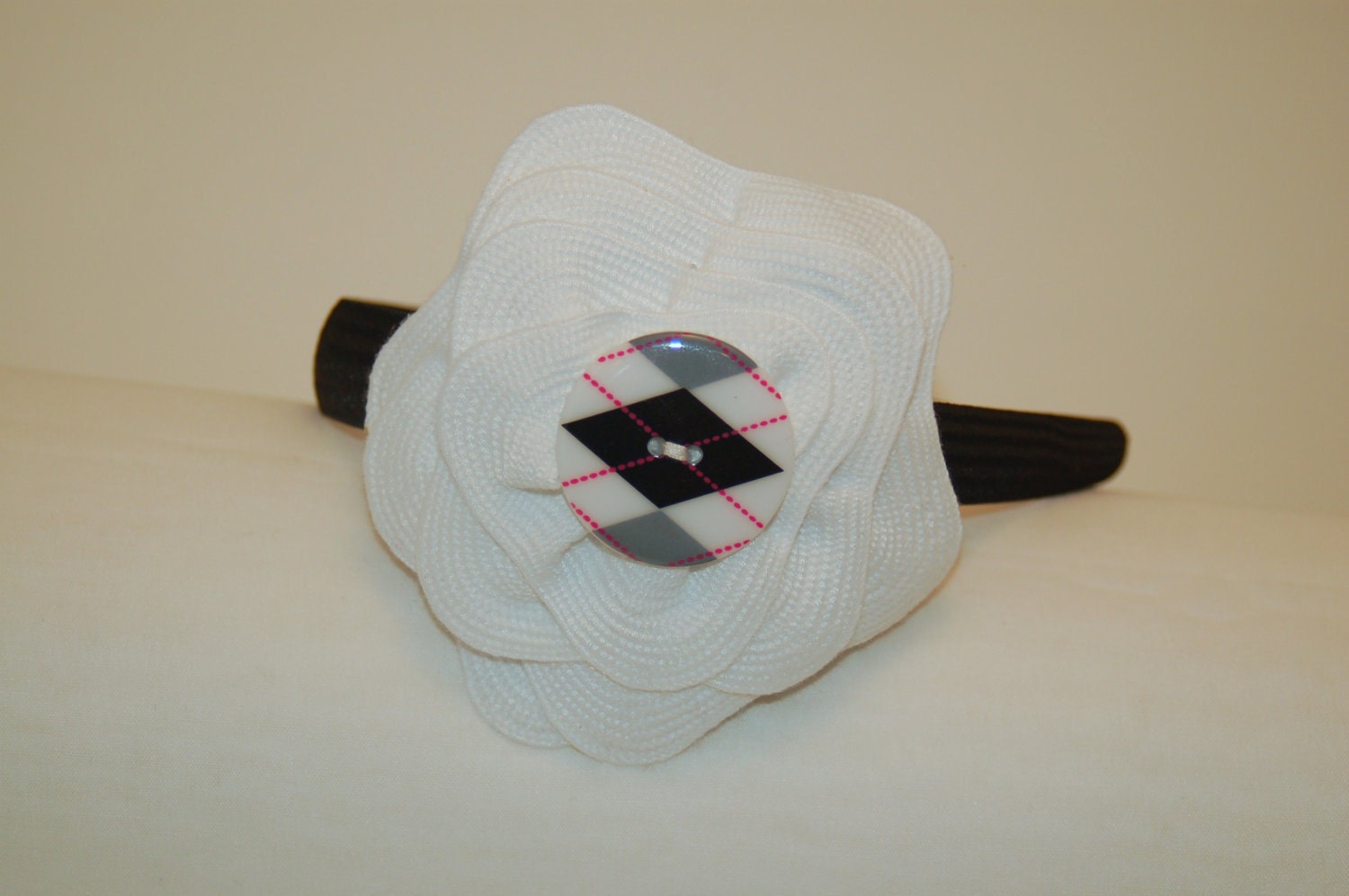 White Ric Rac Flower with Black, White, and Pink Argile Button Center Headband