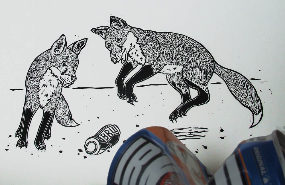 Handmade Foxes Linocut Print