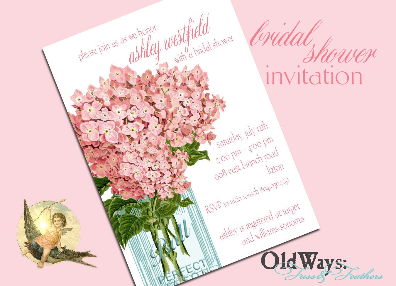 Pink Hydrangea Vintage Mason Jar Bridal Shower Invitation - Printable Custom Invite DIY 5x7 Digital JPEG and PDF Files