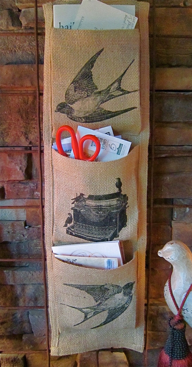 Burlap Wall Mail Holder / Vintage Birds and Typewriter