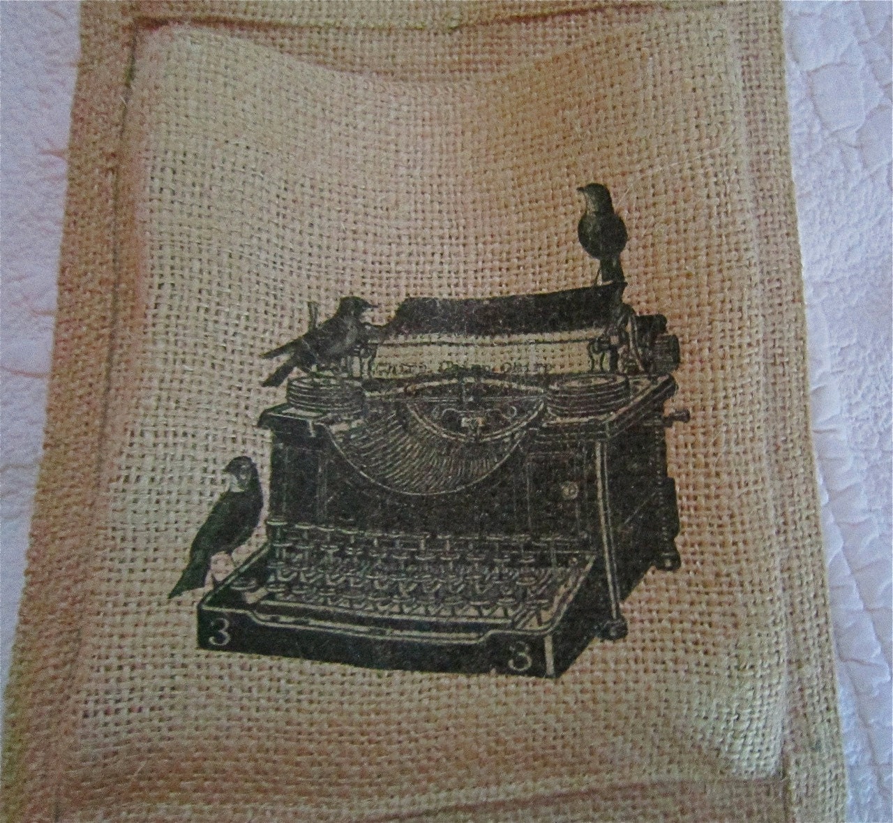 Burlap Wall Mail Holder / Vintage Birds and Typewriter