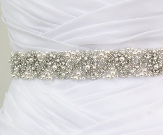 Best Seller - LAURA - Bridal Crystal Rhinestone And Pearls Sash, Rhinestone Bridal Belt, Wedding Beaded Sash, Rhinestone Wedding Belts