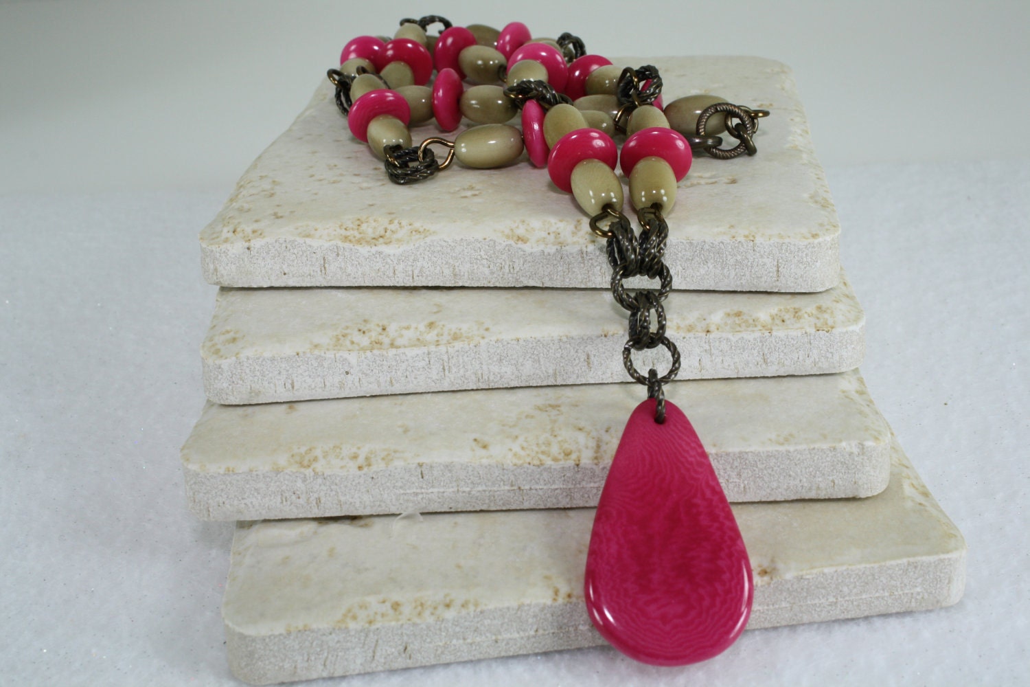 Hot Pink and Earth Tone Tagua Nut Necklace