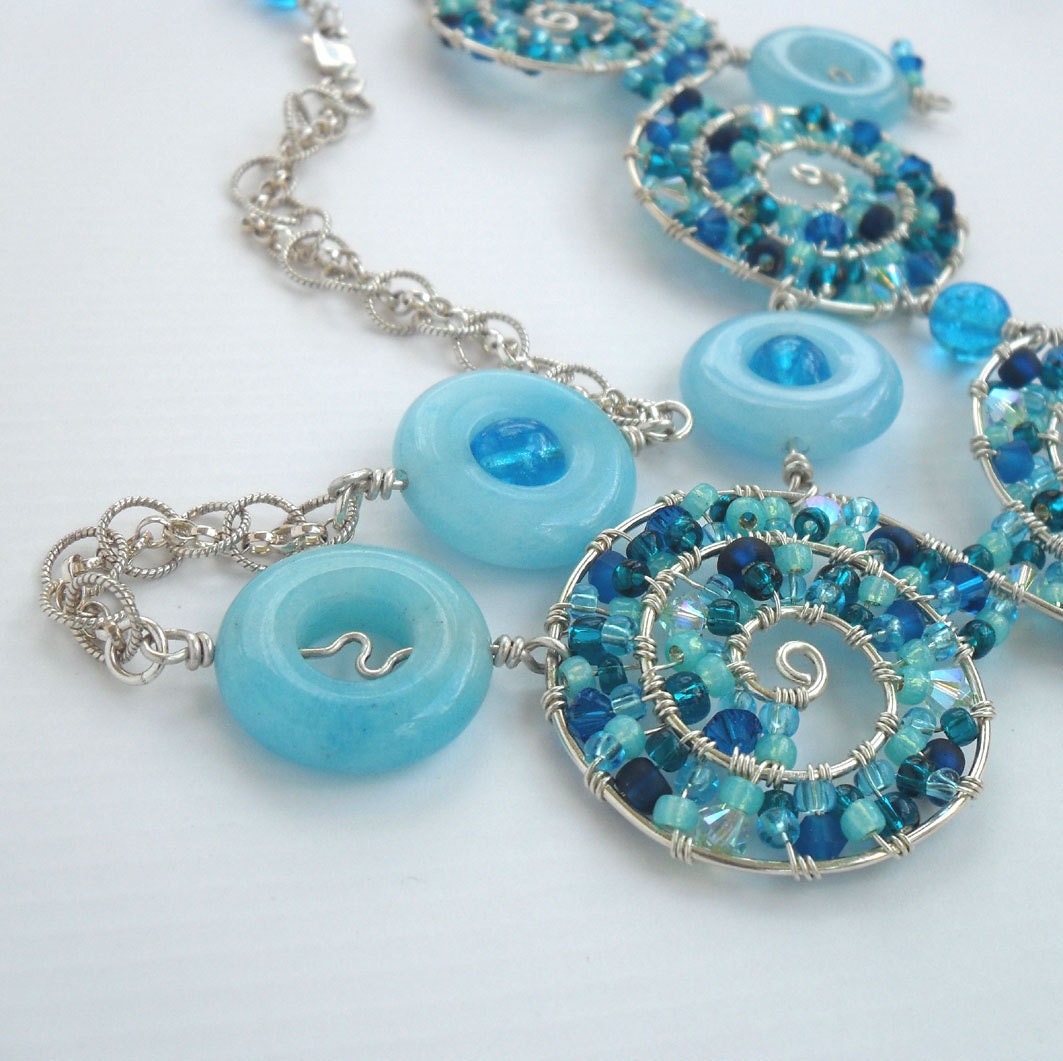 Blue Beadwoven Statement Bib Necklace Beadwork Sterling Silver Wire Wrap Fine Jewelry Handmade Swirl Amazonite Seed Bead Retro Fashion