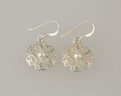 Silver Filigree Flower and Pearl Dangle Earrings, Jewelry For Brides and Bridesmaids, Silver and White Earrings