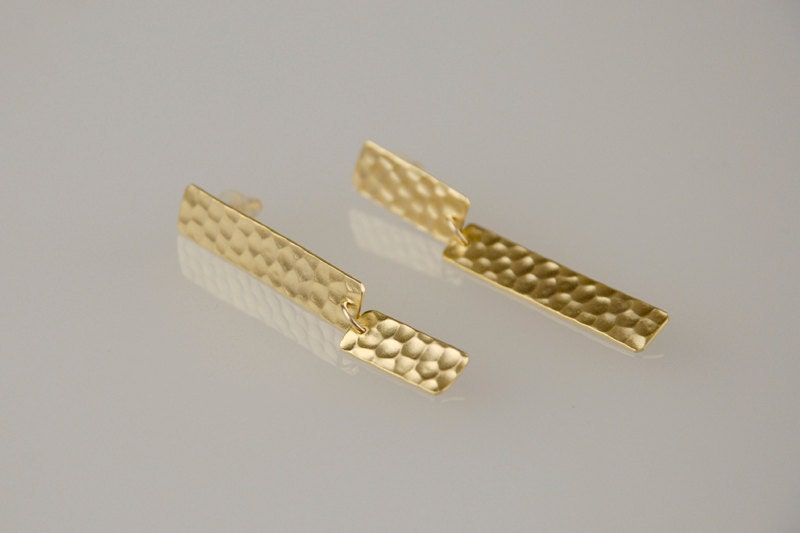 Asymmetrical Posts, Hammered Gold Earrings, Art Deco Earrings, Gift for Her- Handmade