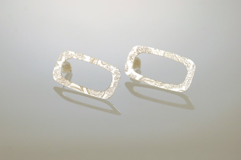 Silver Rectangular Post Earrings, Decorated Medium Studs- Limited Edition- Ready to Ship